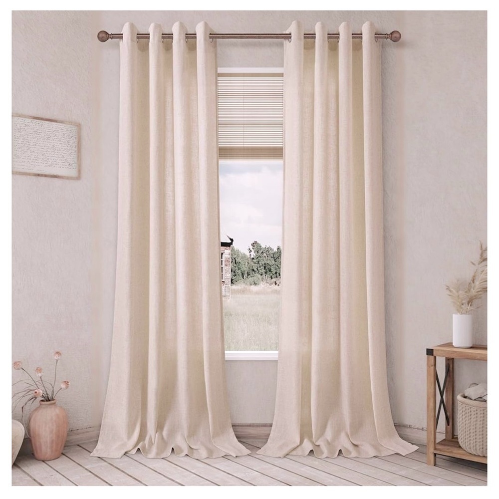Pair of 2 Beige Khaki 100% Linen Curtain Panels w Grommet Rings 102”